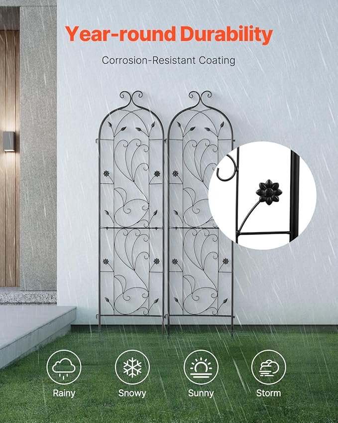 VEVOR Garden Trellis for Climbing Plants, 60 x 15 in, 2 Packs Rustproof Metal Garden Flower Trellis, Outdoor Climbing Rose Trellis Cucumbers Support, Decorative Clematis Trellis for Courtyards Lawns