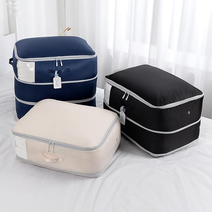 Comforter Storage Bag - Large Capacity Blanket Storage Bags 3-Layer Ultra Space Saving Self Compression Organizer, Washable Compression Bags for Storage Comforter Blanket, 2-Pack, Beige