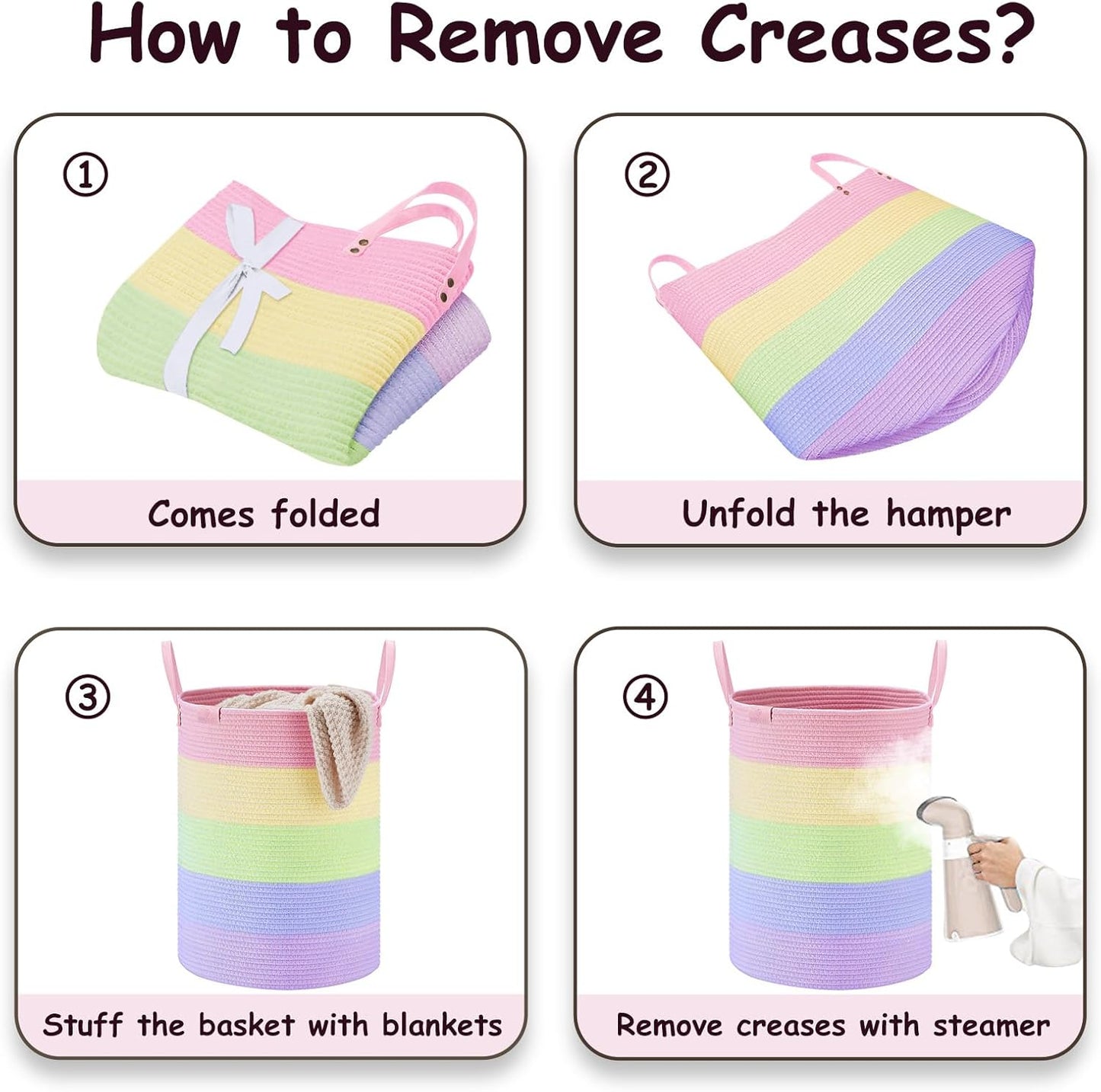 VIPOSCO Tall Laundry Basket, Large Dirty Clothes Hamper with Leather Handle, Woven Rope Storage Basket for Blanket, Toy In Living Room, Bathroom, Bedroom - 72L Rainbow