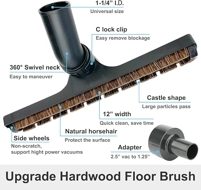 Hardwood Brush Vacuum Attachment for 1 1/4" 2 1/2" Shopvac Wet Dry Vacs, Horsehair Bristles Parquet Nozzle, 12" Shop Vac Floorhead Accessory (1.25" Hard Floor Head & 2.5" Vac Hose Adapter)
