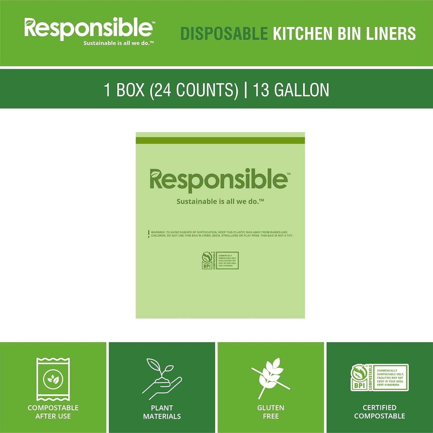 Responsible Products Kitchen Bin Liners, Certified Compostable, Heavy Duty Multipurpose Food Scrap Bags, Made from Compostable Materials (13 Gallon Drawstring, 13 Gallon (24 Count))