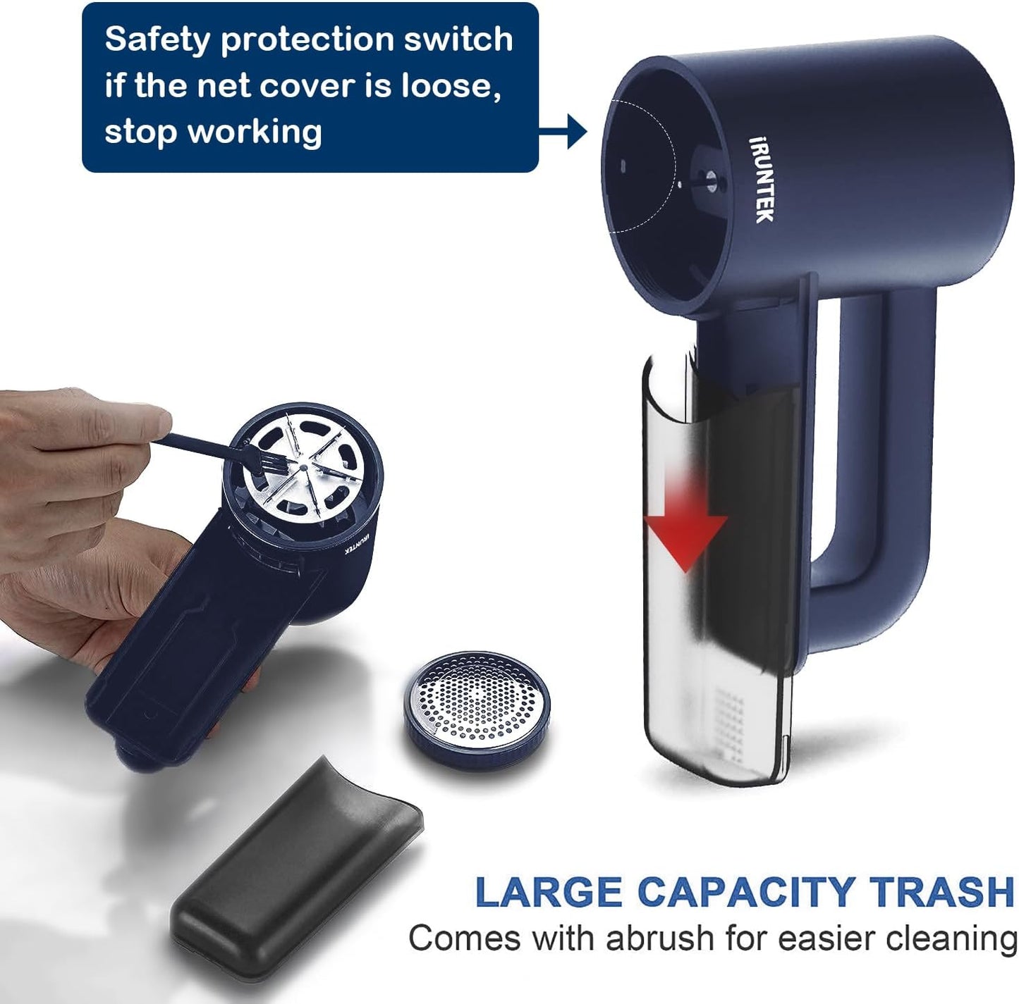 iRUNTEK Rechargeable Fabric Shaver & Lint Remover|3-Speed Lint Shaver with LED Display & Large Lint Bin|Sweater Shavers to Remove Pilling|Eliminates Fuzz & Pilling from Clothes Couch Furniture, Navy