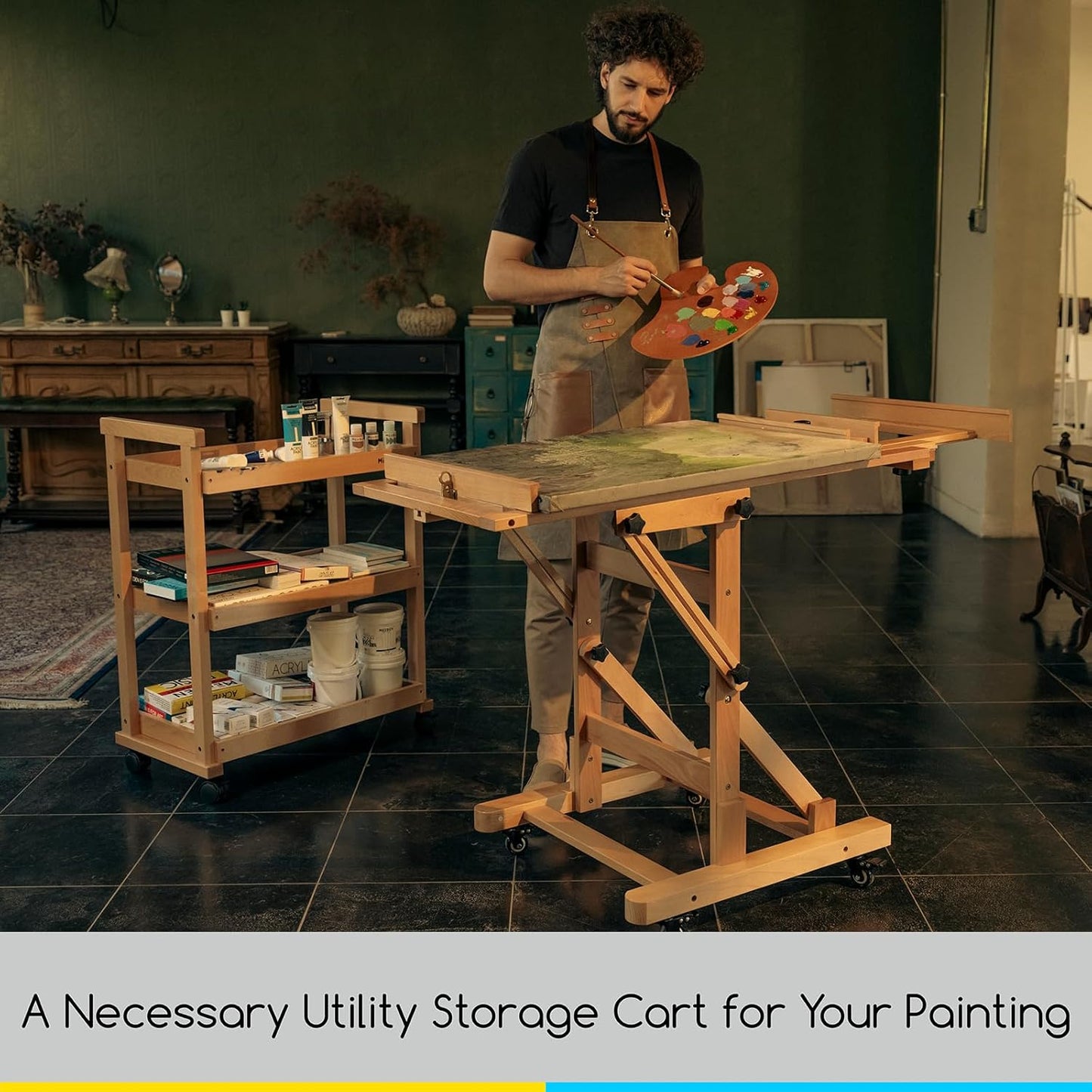 MEEDEN Art Cart Storage Organizer, 3-Tier Rolling Utility Studio Taboret with Caster Wheels, Multifunctional Storage Trolley Shelving Unit on Wheels, Solid Beechwood Art Supplies Studio Cart Classroom