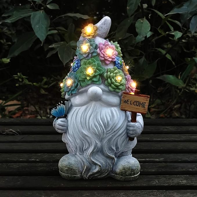 BAYN Gnome Garden Statues Outdoor Decor, Solar Gnome Figurines Lights for Garden Decoration Yard Art Gifts with 10 Warm White LEDs