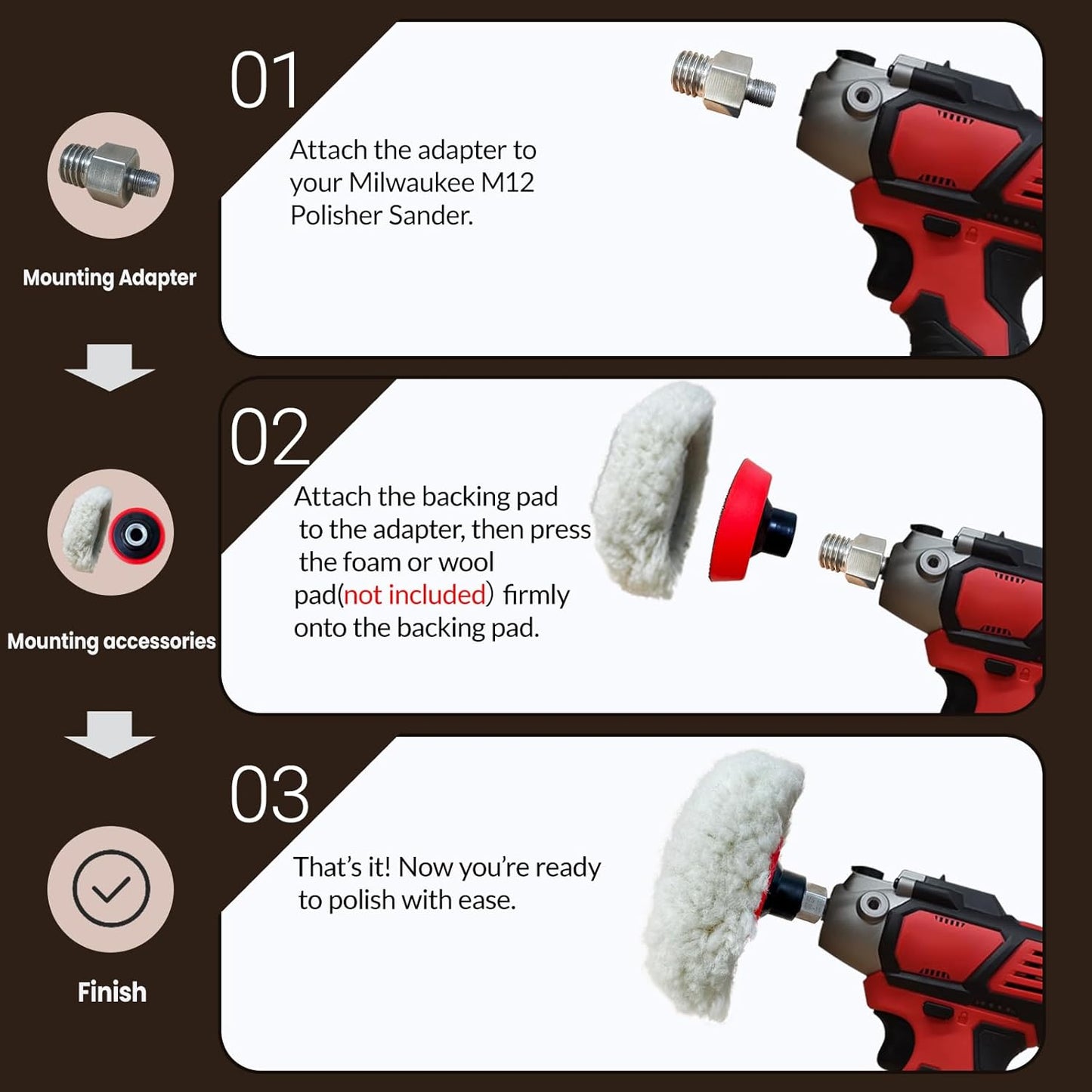3" Hook and Loop Sanding/Polishing Backing Pad, M9 to 5/8-11 Hex Grinding Bit Thread Adapter, for Milwaukee M12 Polishers/Sanders with M9 Spindle Threads