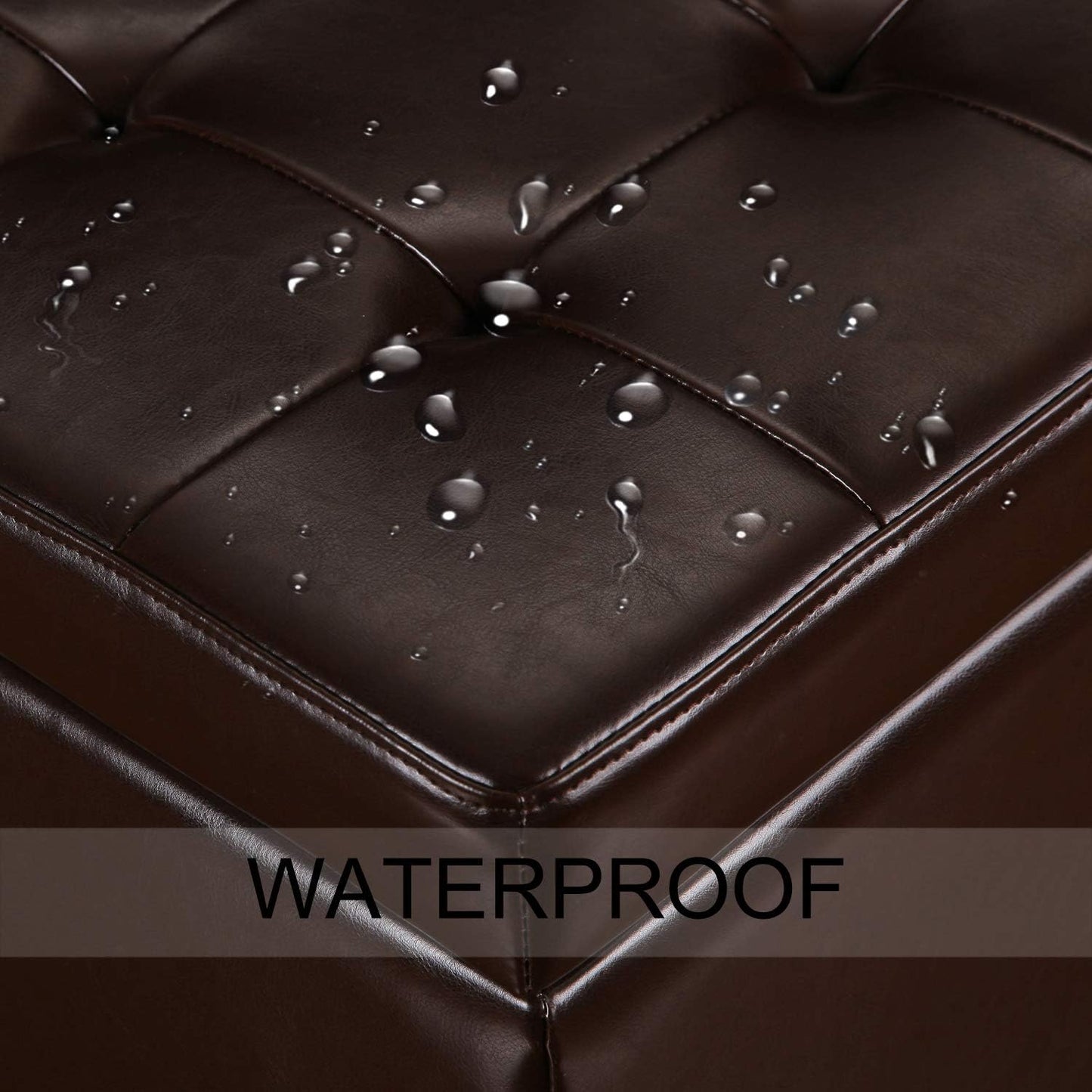 Adeco Bonded Leather Square Tufted Footstool, 18", Brown Storage Ottomans,