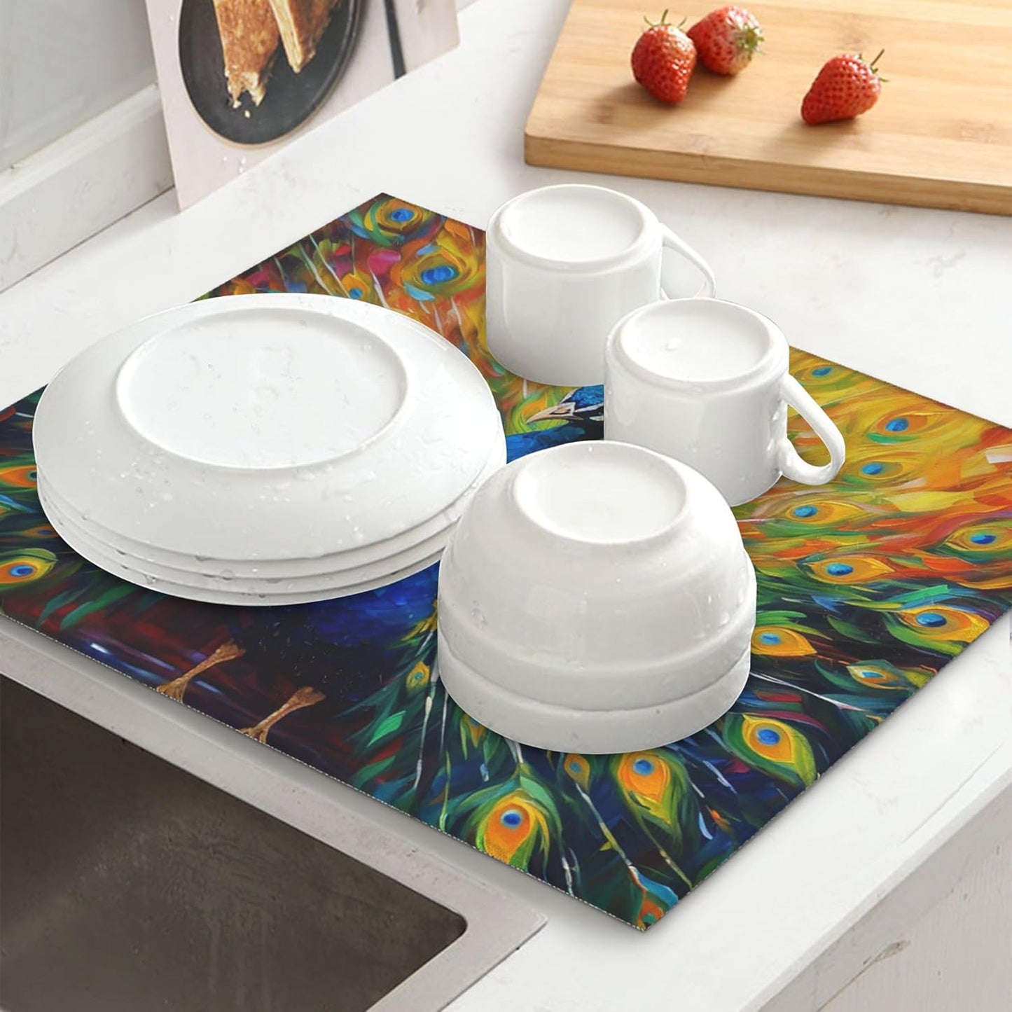 Beautiful Peacock Dish Drying Mat for Kitchen Counter Cute Dish Drainer Rack Mats 16"x18" Absorbent Reversible Drying Pad