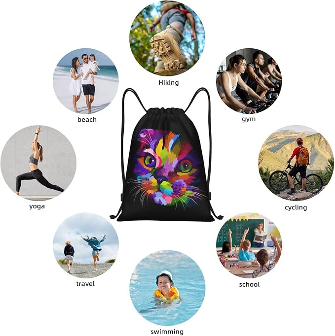 Colorful Cat Drastring Backpack Cute Kitten Gym Bag Sport Dance Training Workout Travel Sackpack Rainbow Clothes Shoes Storage Cinch Bag