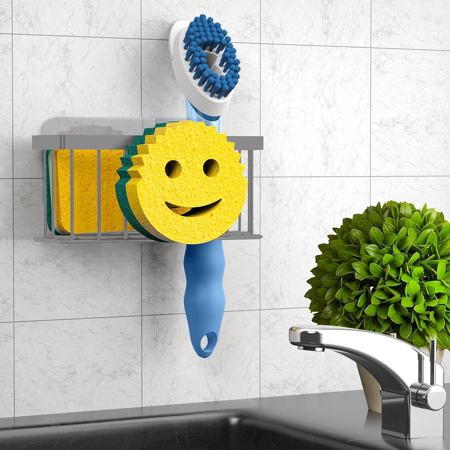 Sponge Holder Smiley Face,Sink Caddy for Kitchen Sink,Sponge Holder with 2 PCS Suction Cups/1 PCS Adhesive Strips,Designed for Sponge,Soap,Dish Brush,Scrubber-Charcoal Gray