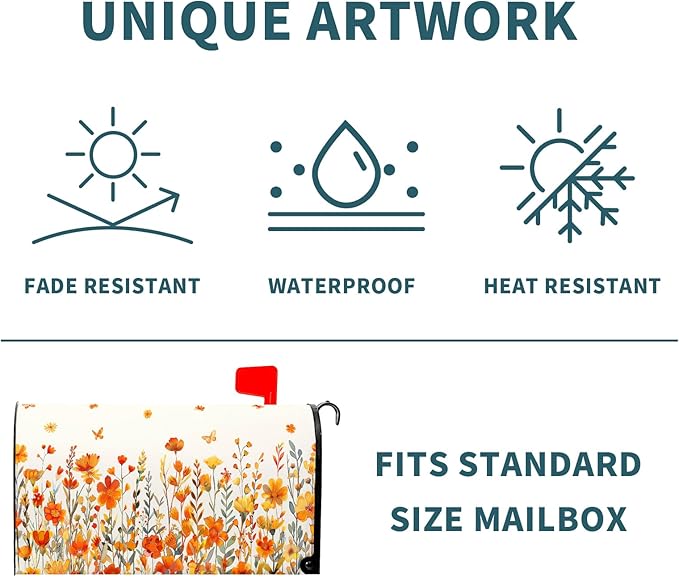 Watercolor Orange Flower Mailbox Covers Magnetic Large Size 25.5x21 Inch Fall Autumn Orange Daisy Floral Post Cover Watercolor Wildflowers Letter Box Wrap for Home Garden Yard Outside