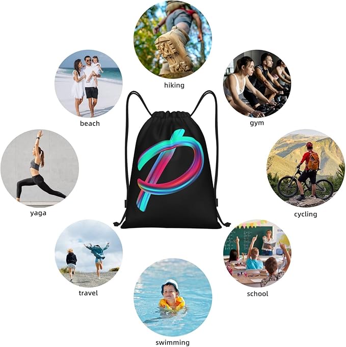 Drawstring Bags Initial Drawstring Backpack Sackpack Black Draw String Cinch Bags for Sports, Gym, Travel, Swimming, Beach, Camping, Rainbow Letter P