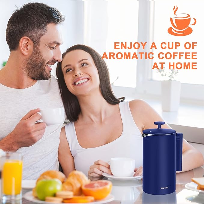 Secura French Press Coffee Maker, Double-Wall 304 Grade Stainless Steel Coffee Press with 2 Extra Screens, 34oz (1L), Blue