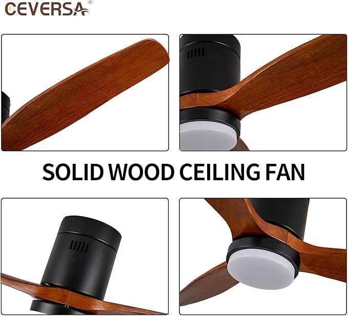 52 Inch Low Profile Ceiling Fans with Lights and Remote Control, Flush Mount Ceiling Fan with Lights, 3 Blades Solid Wood Hugger Easy Installation for Living Room, Bedroom, Farmhouse, Indoor