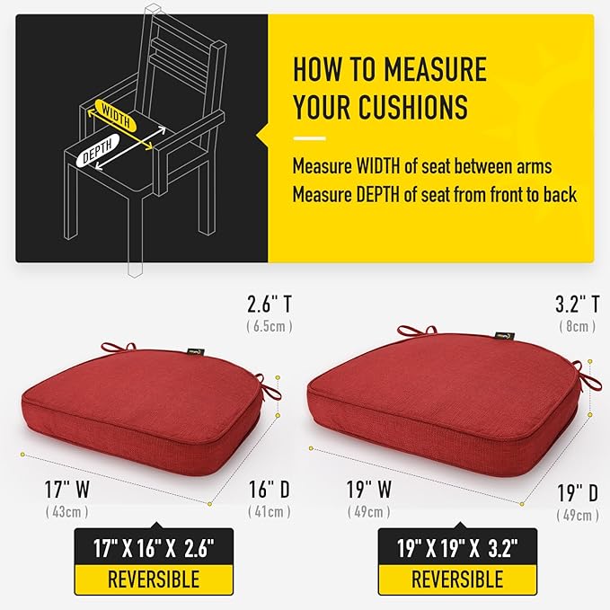 SUNROX Gel Memory Foam Chair Cushions, FadeShield Water-, Stain-Resistant Durable Reversible Seat Cushion Pads with Ties for Indoor/Outdoor Kitchen Dining Office 17"x16" Set of 2, Burgundy