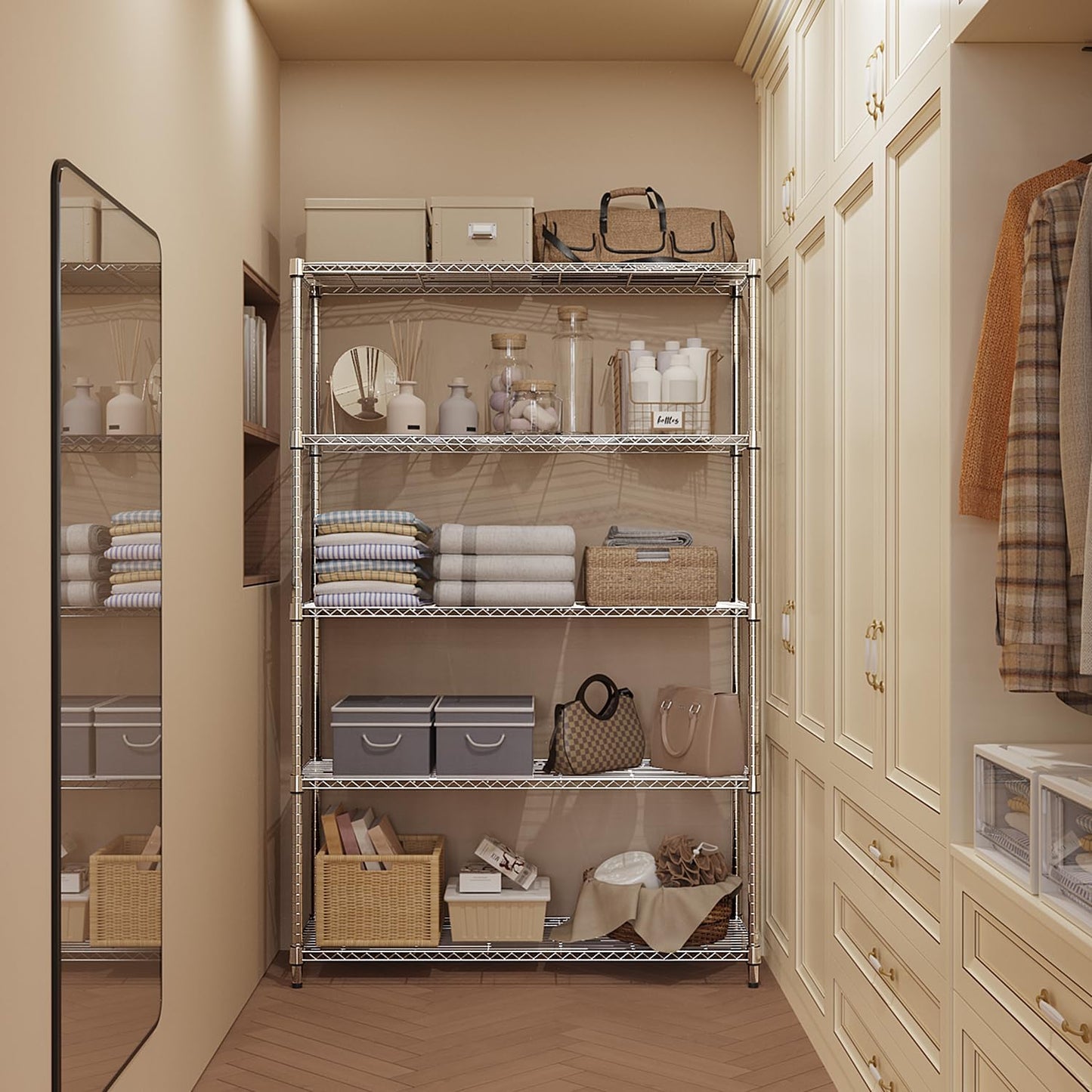 MZG 1750 lbs 5 Tier Storage Rack Metal Wire Shelving Unit, Storage Standing Household Shelf Organizer for Kitchen Pantry Closet Garage Basement Utility Room, Chrome 15.8" D x 45.3" W x 70.4" H