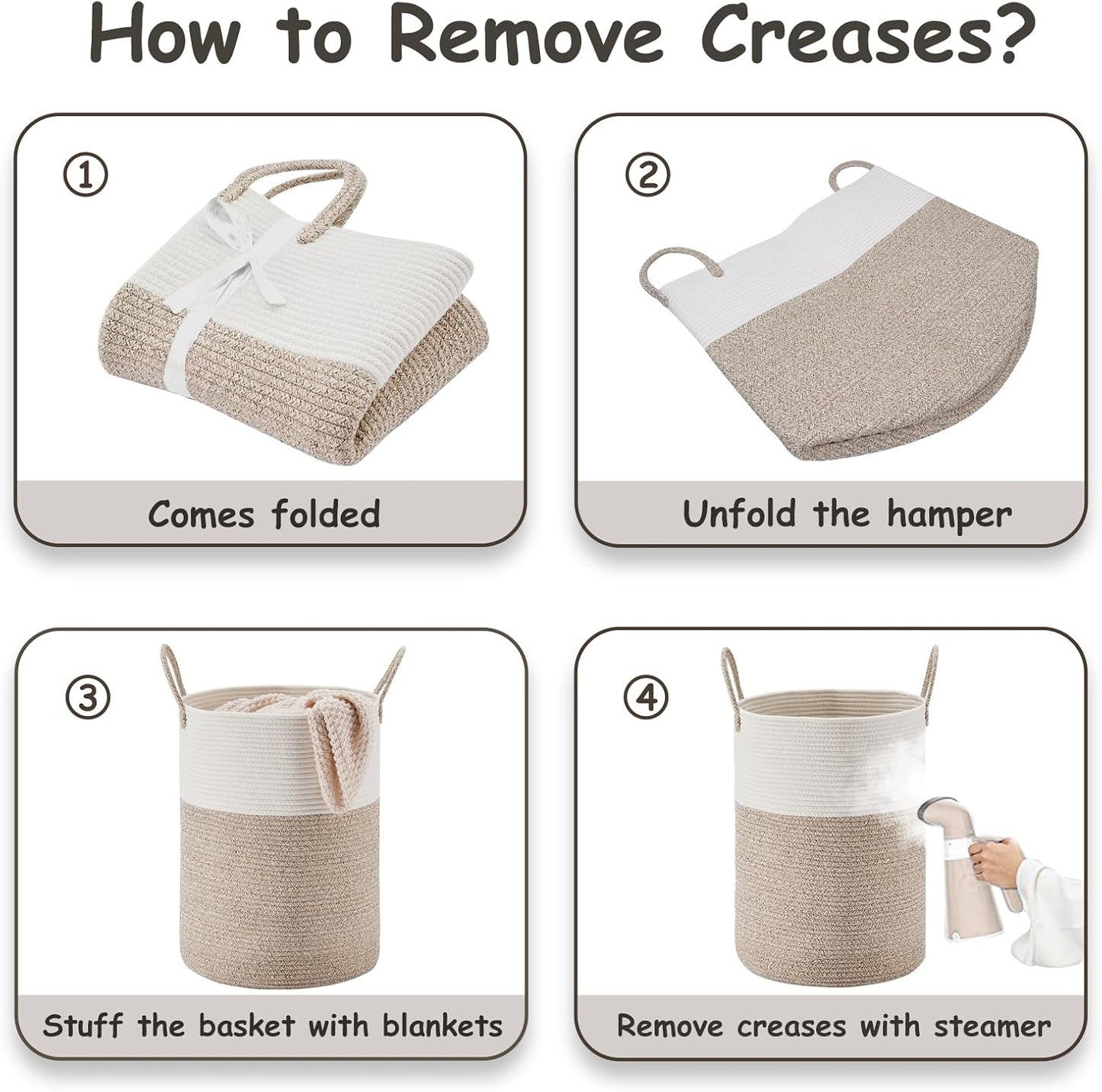 VIPOSCO Large Laundry Hamper, Tall Woven Rope Storage Basket for Blanket, Toys, Dirty Clothes in Living Room, Bathroom, Bedroom - 53L White & Brown