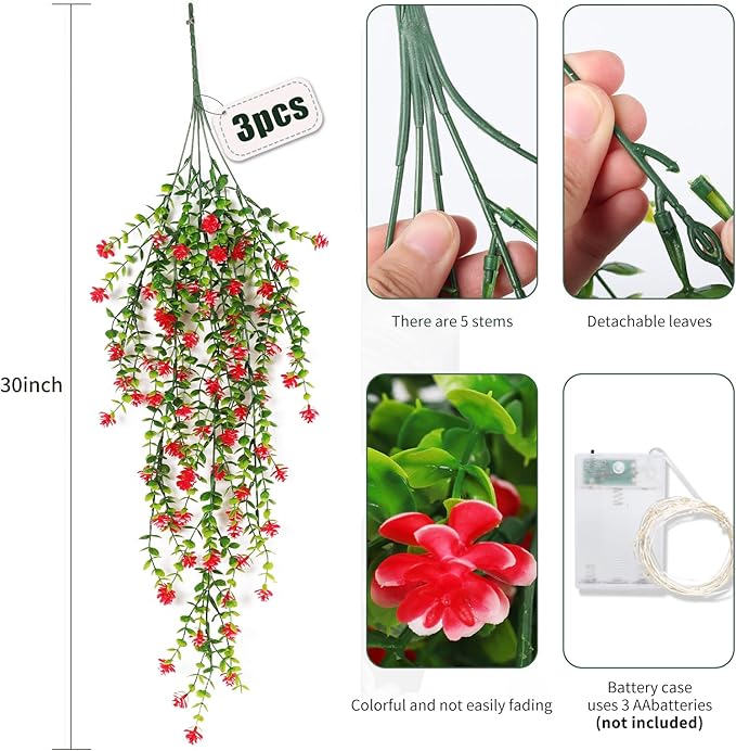 Vine Plant Fake Ferns Plants Large Faux Artificial Hanging Plants Wall Plants Artificial Hanging Plants Outdoors Fake Hanging Plant Greenery Vine with Lights for Outdoor Plants Decor 3 Pcs(Red)