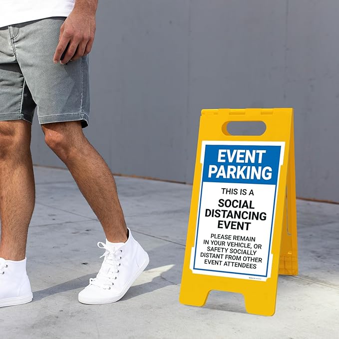 Event Parking Social Distancing Event Please Remain in Vehicle Sidewalk Sign Kit, 10x16 Inches, with A Frame Stand, Made in USA