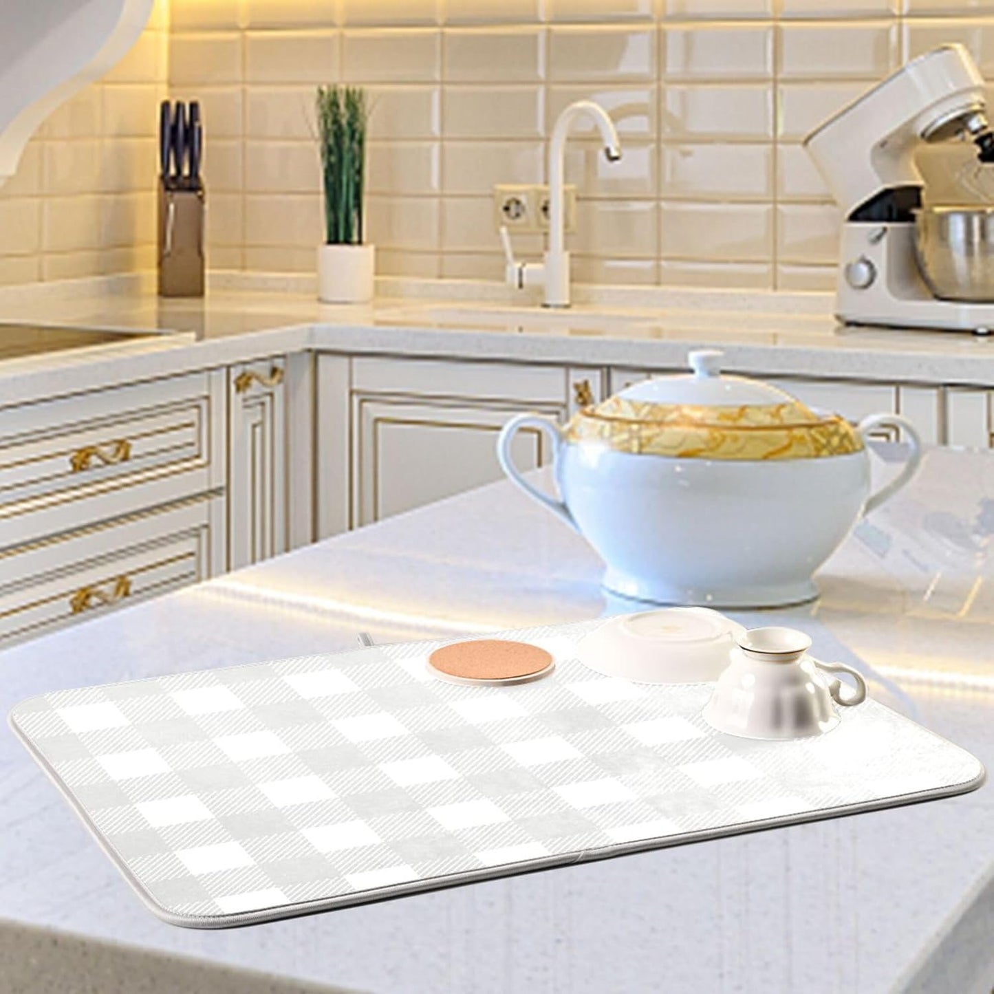 Buffalo Plaid Gray White Dish Drying Mat for Kitchen Countertop 16x18 Chessboard Rectangle Small Drying Mat Reusable Quick Dry Dish Sink Absorbent Mats Dishwasher Easy Clean Decorative Home Essentials