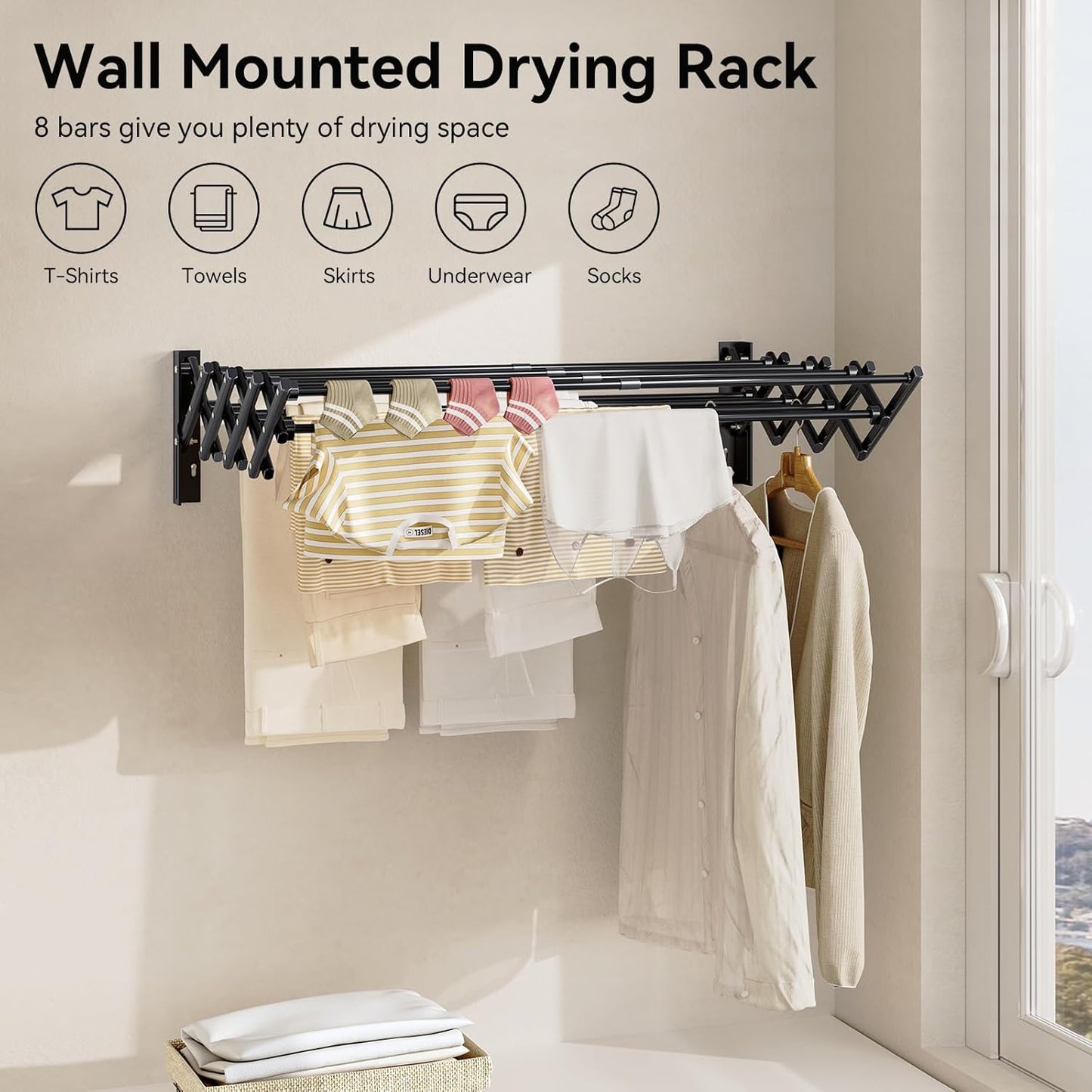 APEXCHASER Clothes Drying Rack Wall Mount, Laundry Drying Rack, Accordion Collapsible Clothes Airer, Towel Racks for Bathroom Balcony Laundry Room Wall Mounted, Drying Rack for Clothing, Black