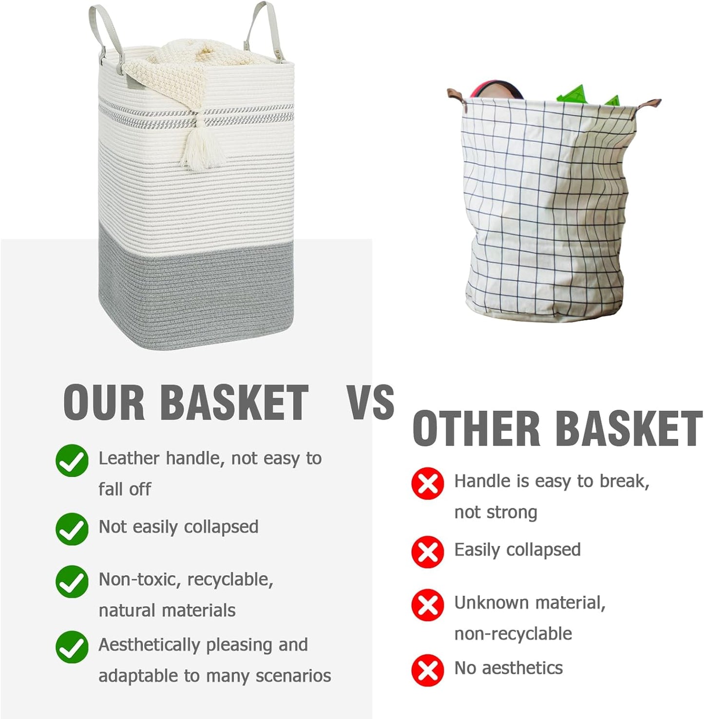 danpinera 75L Woven Laundry Hamper with Long Leather Handles, Baby Laundry Basket for Nursery, Tall Hampers for Bedroom Aesthetic, Decorative Clothes Storage Basket for Family White & Gray