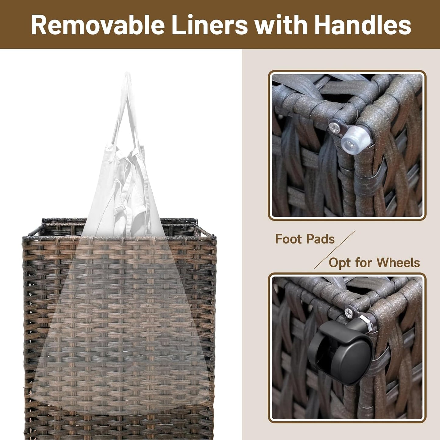 70L Slim Laundry Hamper with Lid & Wheels, 2-Park Rolling Laundry Basket with 4 Removable Liner Bags & 3 Mesh Bags, Narrow Dirty Clothes Basket, Foldable Handwoven Rattan Laundry Sorter, Brown