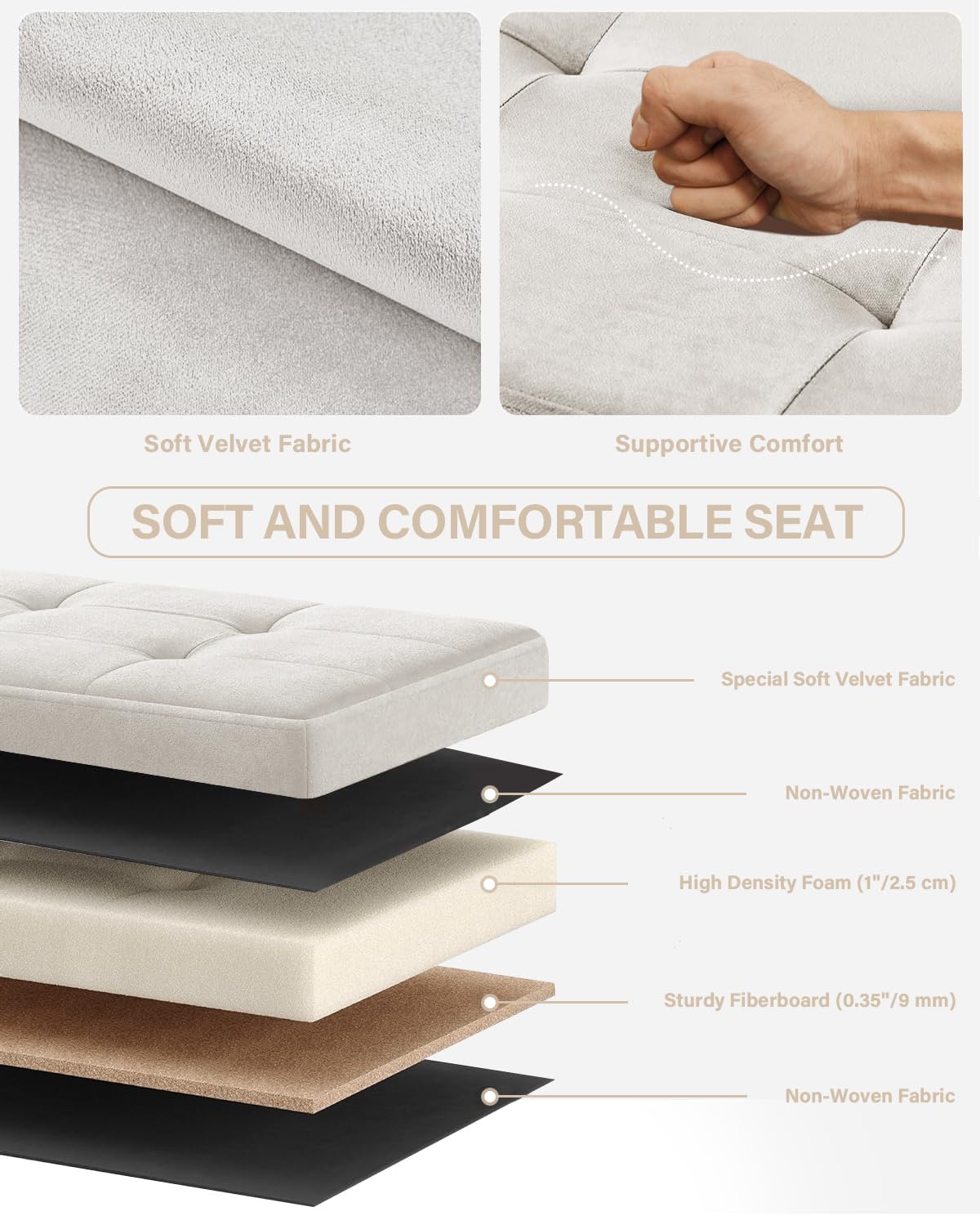 Folding Storage Ottoman, Velvet Storage Bench, Footrest, Removable Divider, for Living Room, Bedroom, 15 x 43 x 15 Inches, 660 lb Load Capacity, Cream White UASND02W