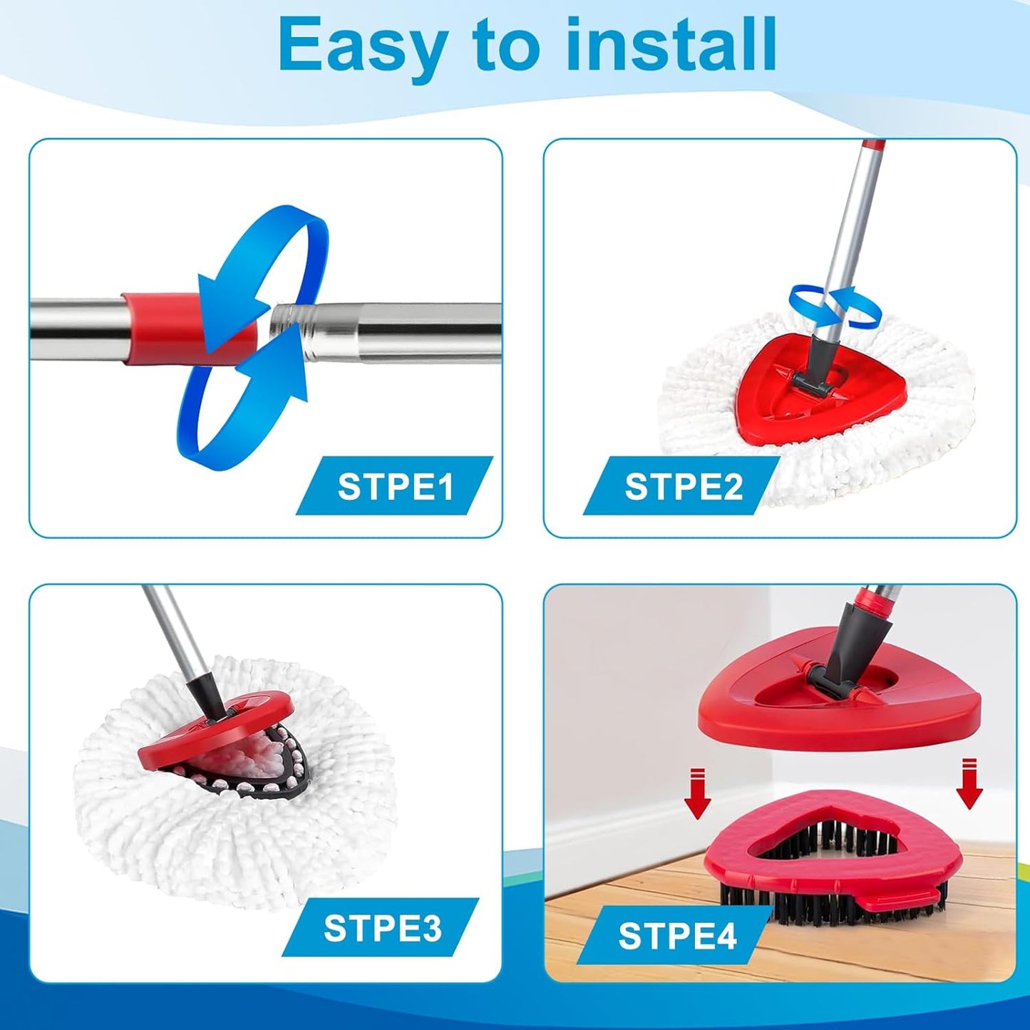 Spin Mop Head and Brush Replacement Compatible for O Cedar EasyWring 1-Tank System, 4 Microfiber Mop Refills, 1 Scrub Brush,1 Base and 30-58in Mop Stick Easy-to-Replace (White 1 Tank System)