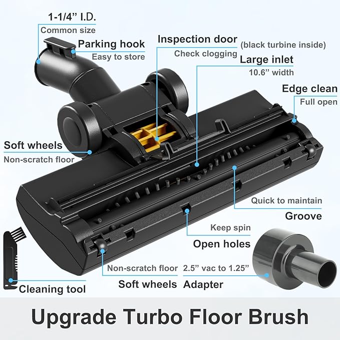 Turbo Floor Brush Vacuum Attachment, Compatible with 1 1/4" and 2 1/2" Shop Vac Wet Dry Vacuum Cleaners, Pet Hair Removal for Carpets and Hardwood Floors