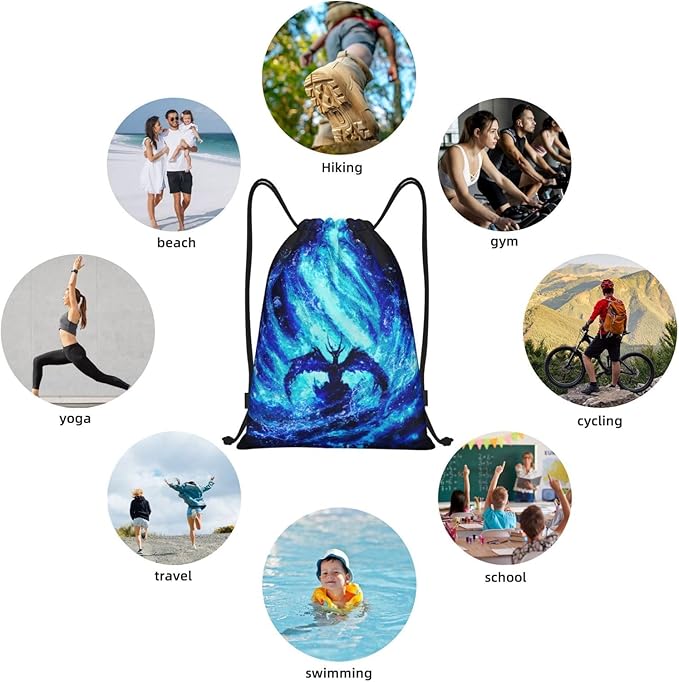 Fly Dragon Drawstring Bags Cool Blue Flame Sport Gym Sackpack Black Backgound Drawstring Backpack for Men Beach Yoga Swim String Bag Cinch Bag