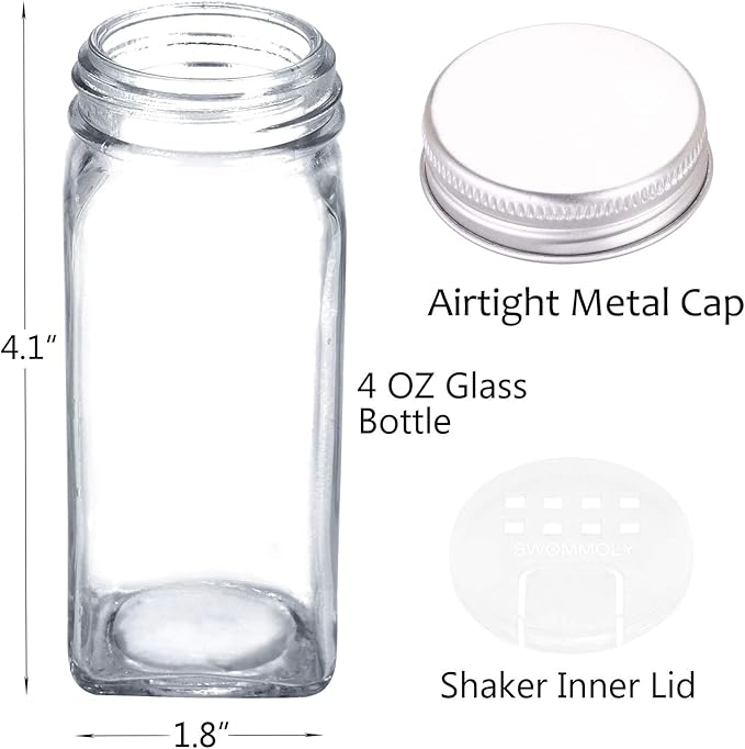 SWOMMOLY Spice Rack Organizer with 24 Empty Glass Spice Jars, 396 Spice Labels with Chalk Marker and Funnel Complete Set, for Countertop, Cabinet or Wall Mount, Silver