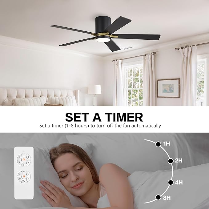 WINGBO 48" DC Flush Mount Ceiling Fan with Lights, 5 Plywood Blades, 6-Speed Reversible DC Motor, 3CCT, Low Profile Hugger Ceiling Fan for Living Room Bedroom Kitchen, Black and Brass