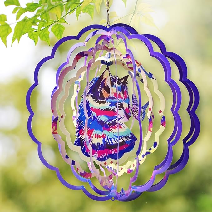 BeePeep Wind Spinner Outdoor 12in Cat Gift for Women Men Metal Wind Spinners Hanging 3D Kinetic Wind Sculpture Lawn Garden Yard Art Ornament for Indoor & Outside Decorations