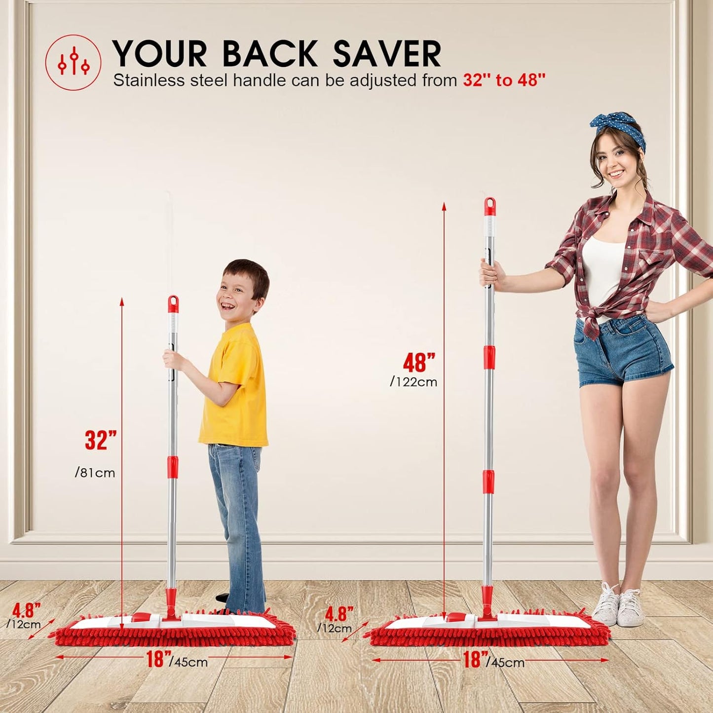 MASTERTOP Microfiber Mop for Floor Cleaning, Flat Dust Mop for Home and Kitchen, Adjustable Stainless Steel Handle with 4 Washable Mop Pads, Hardwood Floor Mop for Wood, Vinyl, 1 Cleaning Scraper