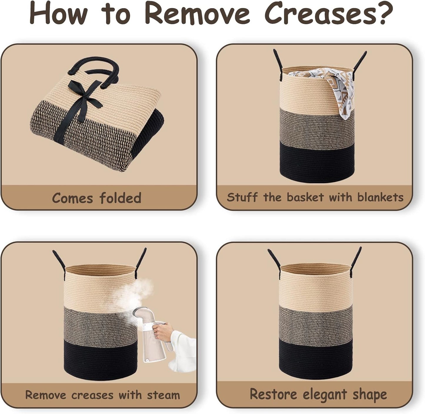 VIPOSCO Large Laundry Hamper, Tall Woven Rope Storage Basket for Blanket, Toys, Dirty Clothes in Living Room, Bathroom, Bedroom - 72L Brown & Black