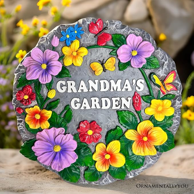 Elegant Resin Stepping Stone, Outdoor Garden Pathway Decoration (Grandma’s Garden Floral Stepping Stone, 9.5" Decorative Outdoor Decoration)