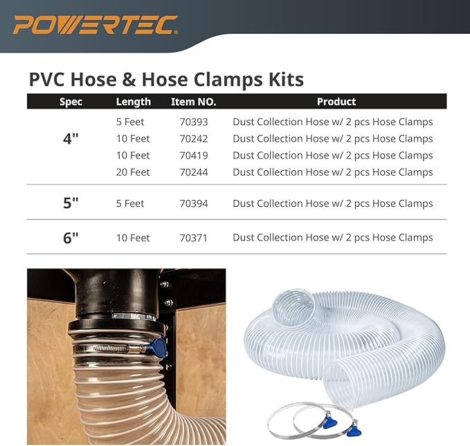 POWERTEC 4" x 10' Flexible PVC Dust Collection Hose with 2pcs Stainless Steel Key Hose Clamps for Table Saw, Band Saw, Planer, Jointer, Woodworking and Garage, WoodShop Dust Collection System (70242)