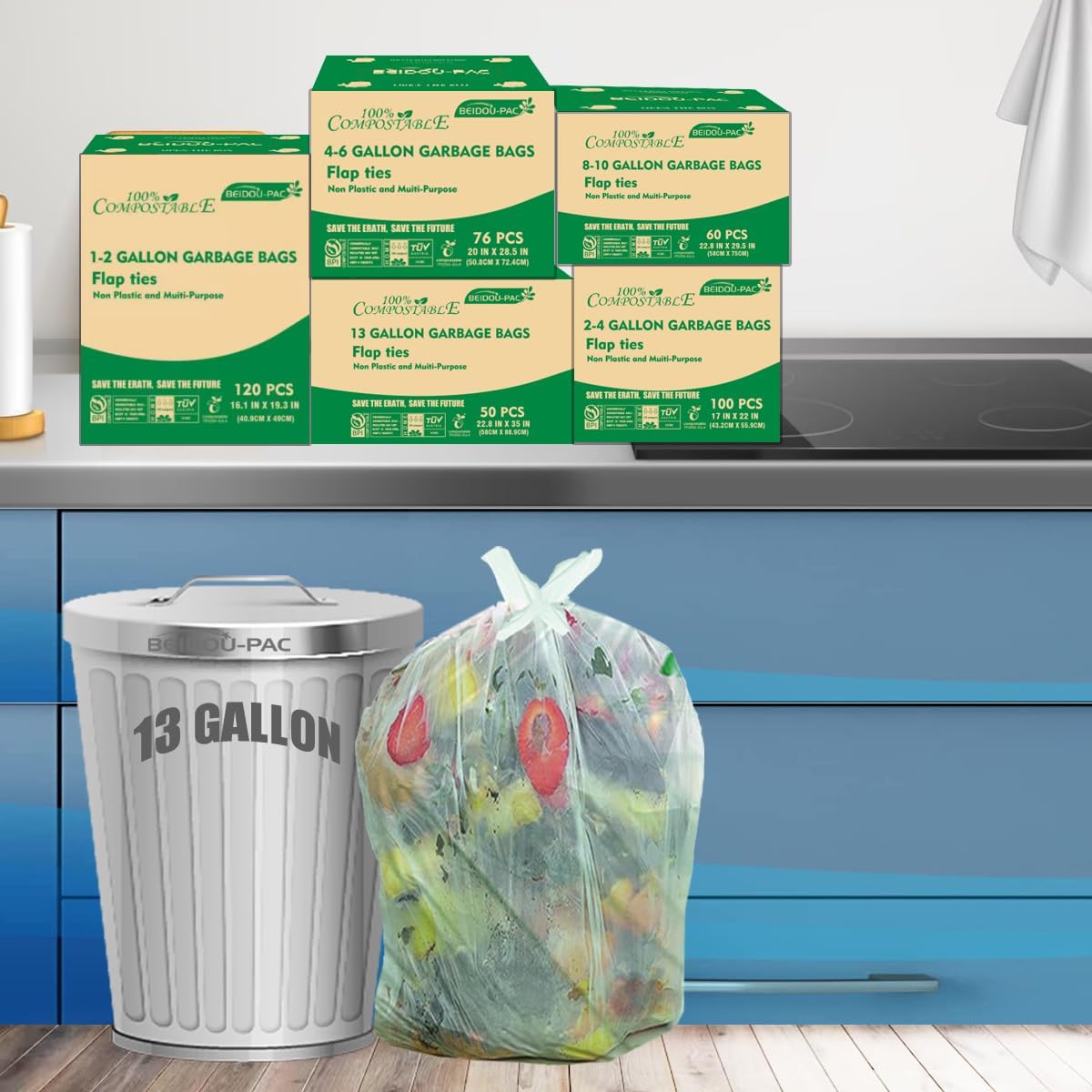 13 Gallon Flap Tie Compostable Trash Bags, 50 Count, Compost Bags Tall Kitchen Trash Bags, Sturdy Biodegradable Garbage Bags Food Scrap Waste Bags, ASTM D6400, US BPI Certified, Green