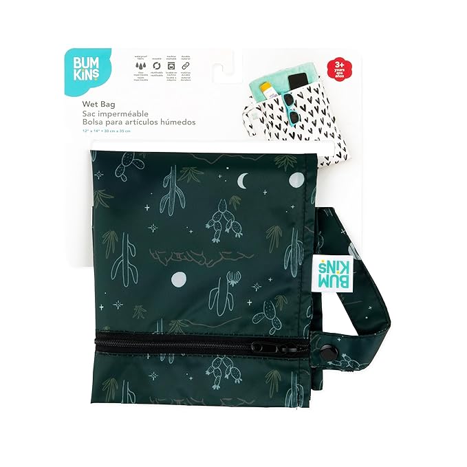 Bumkins Waterproof Wet Bag for Baby, Travel, Swim Suit, Cloth Diapers, Pump Parts, Pool, Beach, Gym Clothes, Toiletry, Hook to Stroller, Daycare, Zipper Reusable Wetdry Packing, Starry Cactus Dk Green