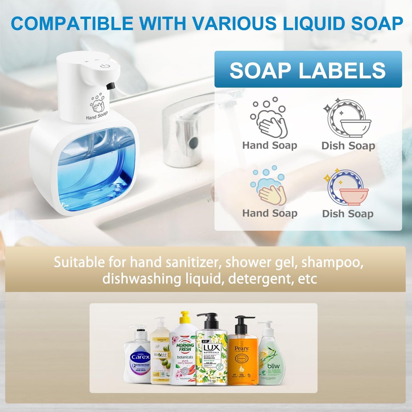 Automatic Liquid Soap Dispenser with 500ml /17oz Capacity, Touchless Soap Dispenser with 4 Level Adjustable, Rechargeable, Wall-Mounted, Waterproof for Kitchen, Bathroom, Hotel, Restaurant