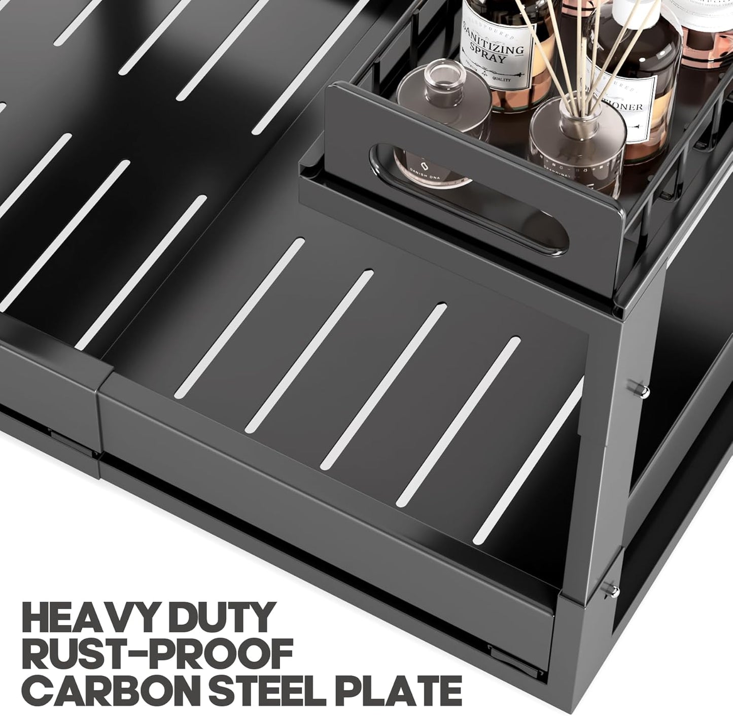 1 Pack Expandable Under Sink Organizers And Storage With Upgrade Ball-Bearing Slide Tracks,2-Tier Pull Out Under Cabinet Organizer Height Adjustable,Slide Out Under Sink Drawers-Black(Patent Pending)