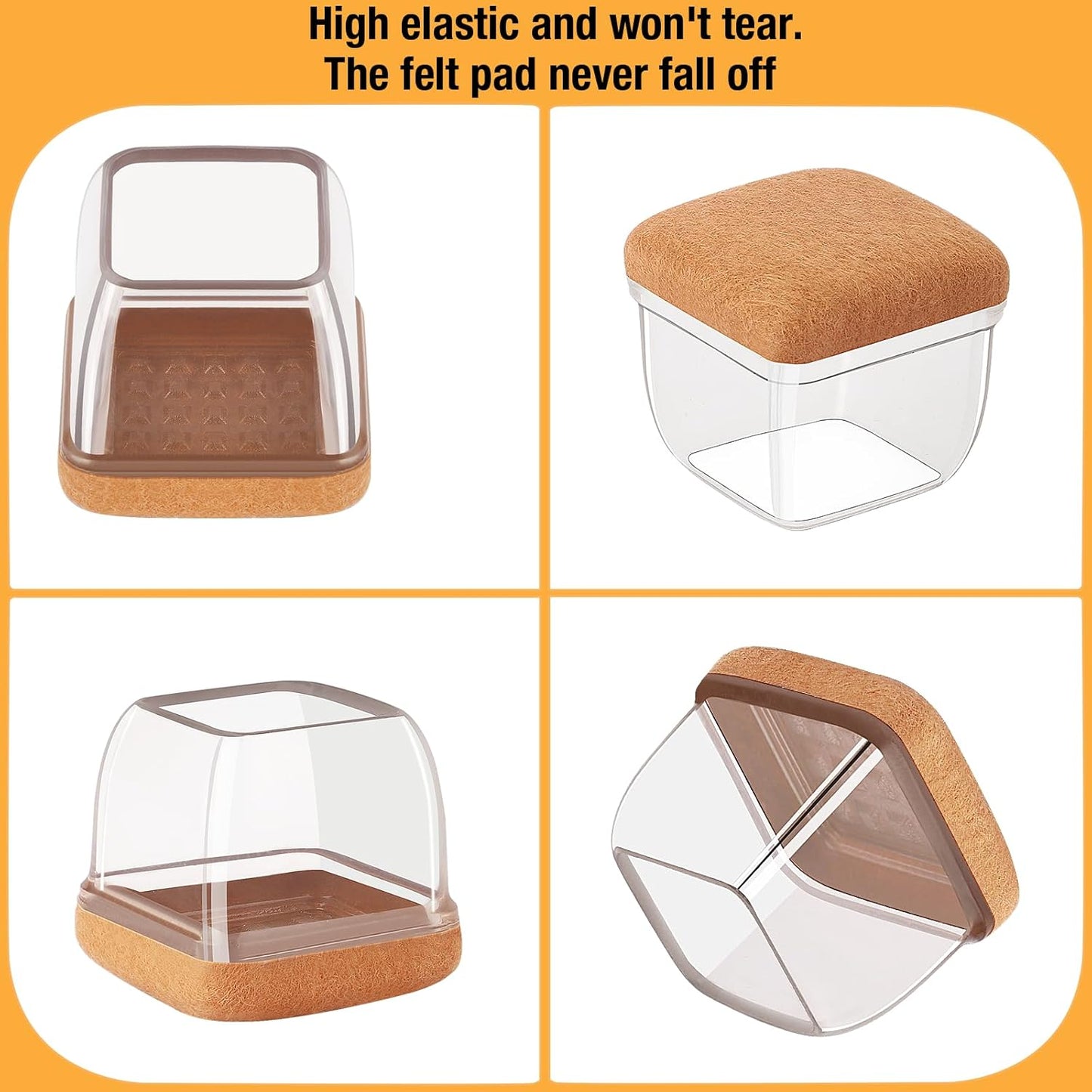 16 Pcs Chair Leg Floor Protectors Square, Silicone Chair Leg Protectors for Hardwood Floors, Chair Leg Caps Covers Protect Wooden Floors from Scratching, Thick, Won't Tear (Fit: 1-1/10" - 1-3/10")