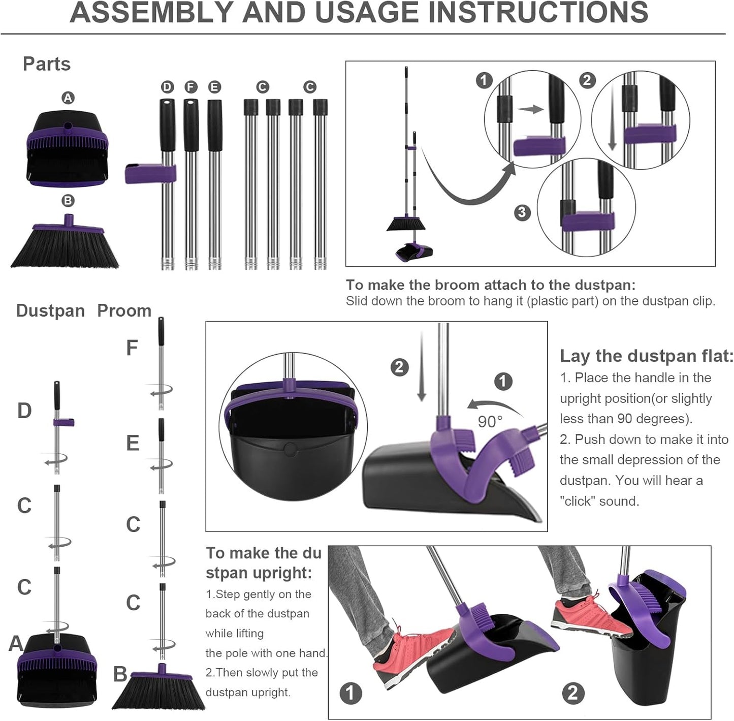 Broom and Dustpan Set, Large Household Dustpans and Broom with 55 Inch Long Handle, Pueple Broom with Dustpan Combo Set for Home
