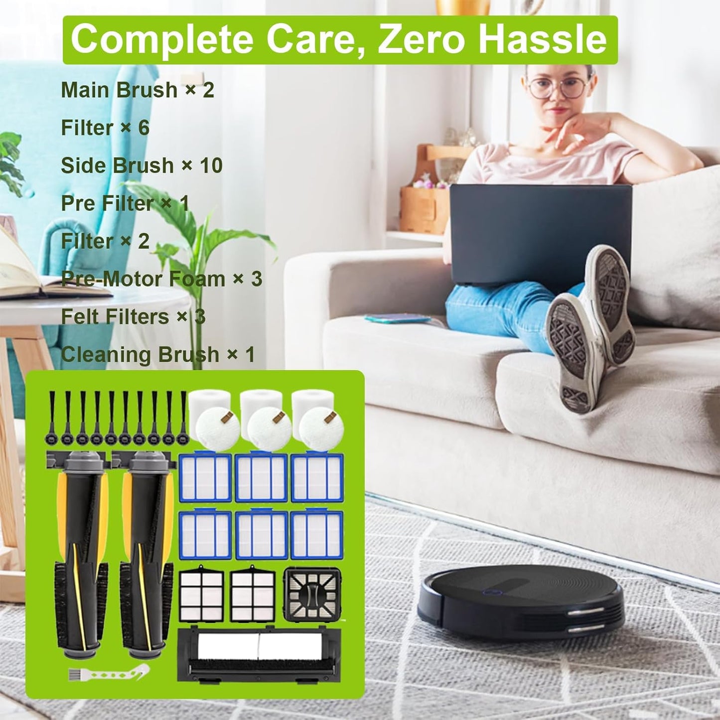 Replacement Part for Shark IQ R101AE RV1001AE AV912S RV913S AV1010AE RV1000 AV970 AV1002AE, 2 Main Brush, 1 Cover, 10 Side Brush, 6 Filter, 1 Pre Filter, 2 Filter, 3 Pre-Motor Foam&Felt Filter