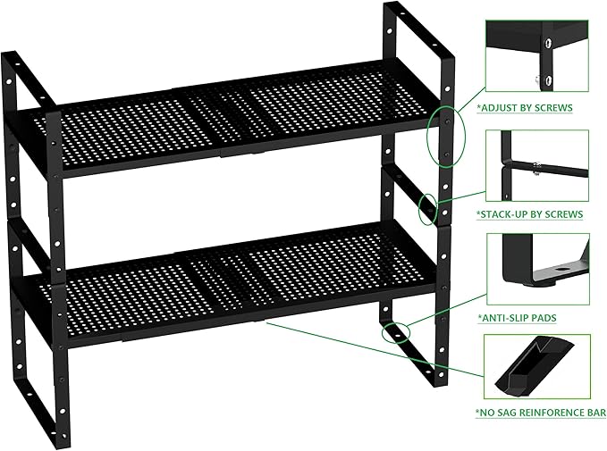 Expandable Spice Rack, Stackable Metal Pantry Storage Shelves Stand, Adjustable Height Cabinet Shelf Organizer Racks(1PACK/Black,Medium)