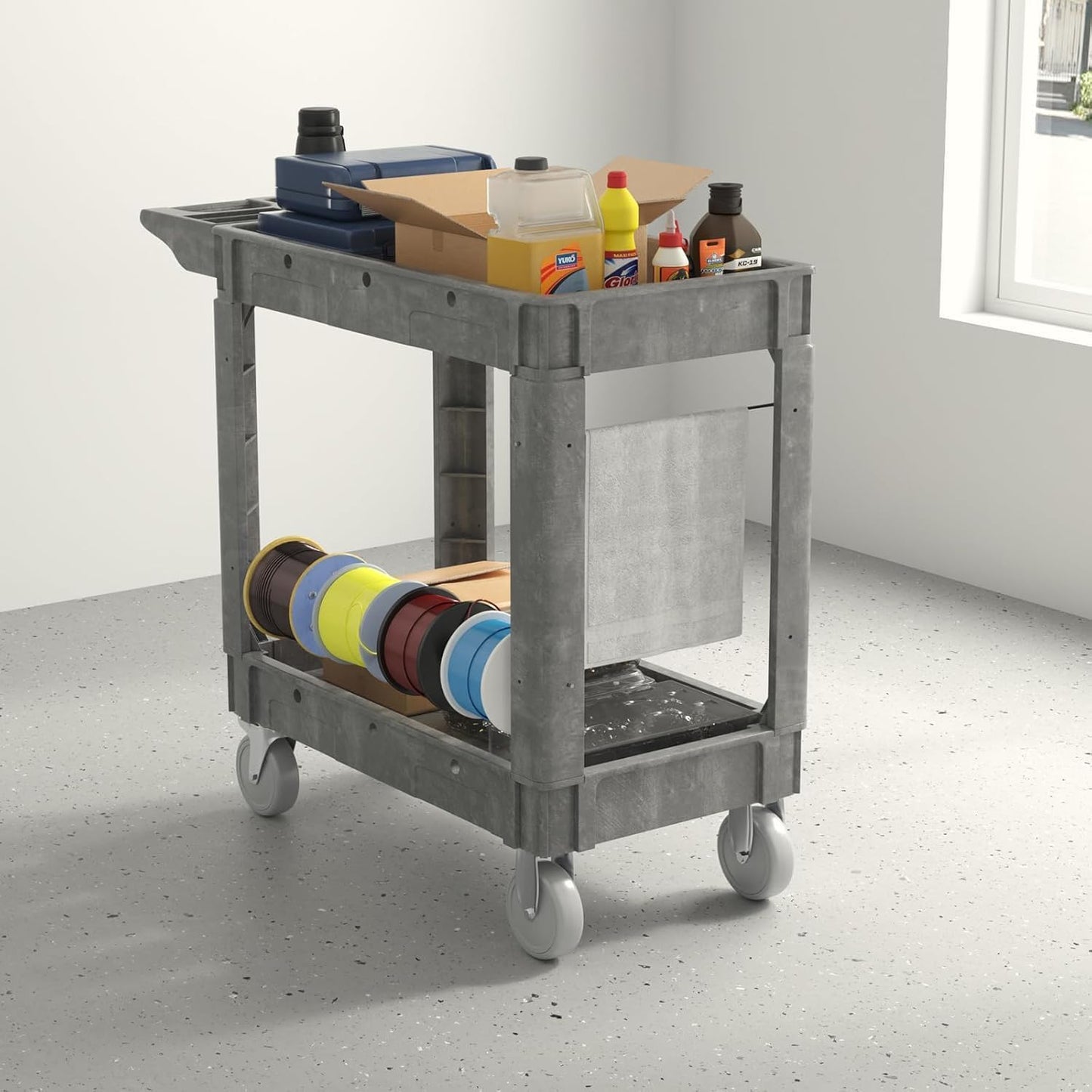 Utility Cart on Wheels, 1000 lbs Capacity Rolling Service Cart, 40 x 17 Inch Work Carts, 2 Shelf Heavy Duty Plastic Tool Cart, Lipped Shelves, for Warehouse, Garage, Cleaning, Gray