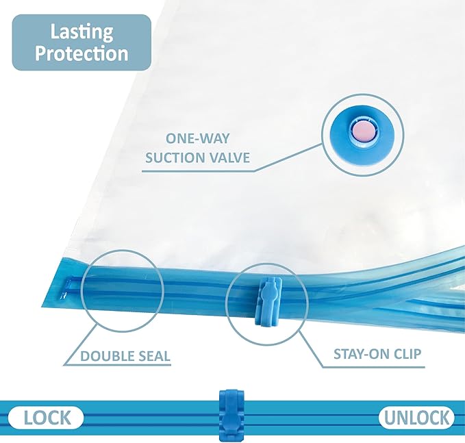 8 Pack Vacuum Storage Bags, Space Saver Bags (2 Jumbo/2 Large/2 Medium/2 Small) Compression Storage Bags for Comforters and Blankets, Vacuum Sealer Bags for Clothes Storage, Hand Pump Included