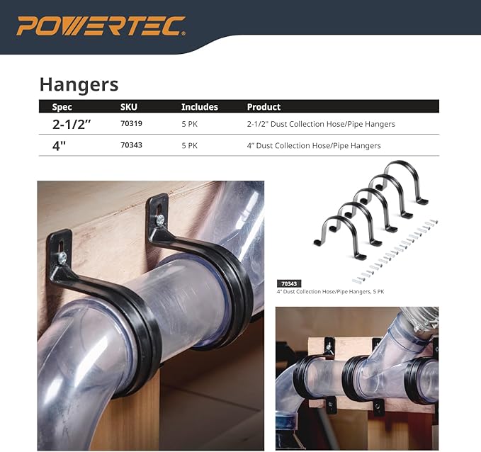 POWERTEC Clear PVC Pipe 4" x 36" Long, 1PK Plastic Tubing and 5PK Pipe Straps w/Anchors & Screws Compatible w/Dust Collection Fittings - Hose for Woodworking Tools (70401V)