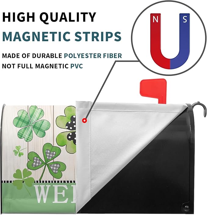 Welcome St Patrick's Day Holiday Magnetic Mailbox Covers Large Size 25.5x21in Lucky Shamrocks Clover Mail Box Wraps Green Leaves Wooden Decorative Letter Post Box Cover for Home Garden Outside