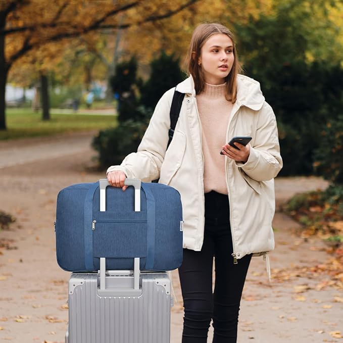 Carry on luaggage 22x14x9 Airlines Approved Foldable Carry on Bag Packable Duffle Overnight for Women and Men 40L (Navy Blue-1)